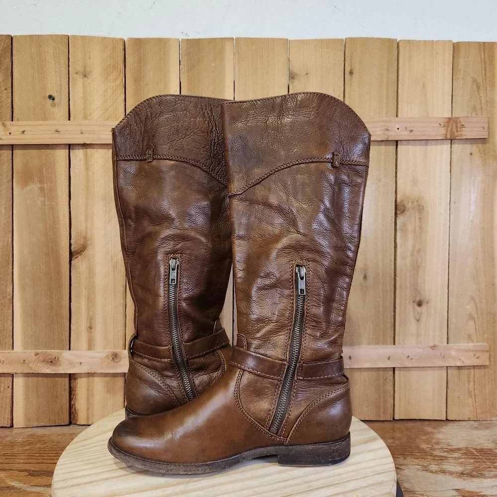 Frye Phillip Riding Boots Womens 8.5 B Brown Leather Knee High Side Zip Buckle